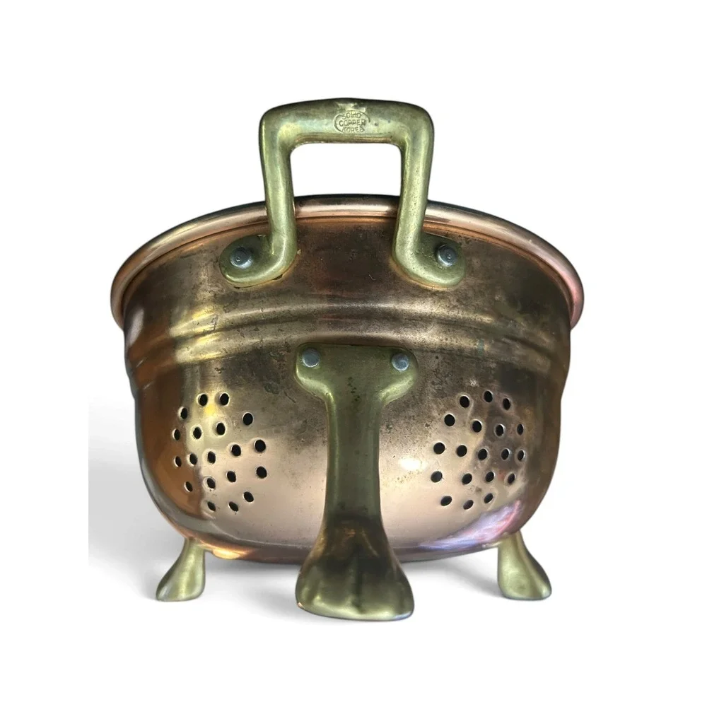 Vintage Solid Copper Colander Footed Brass Tripod Lion Paw Handles 70s Hang Tag